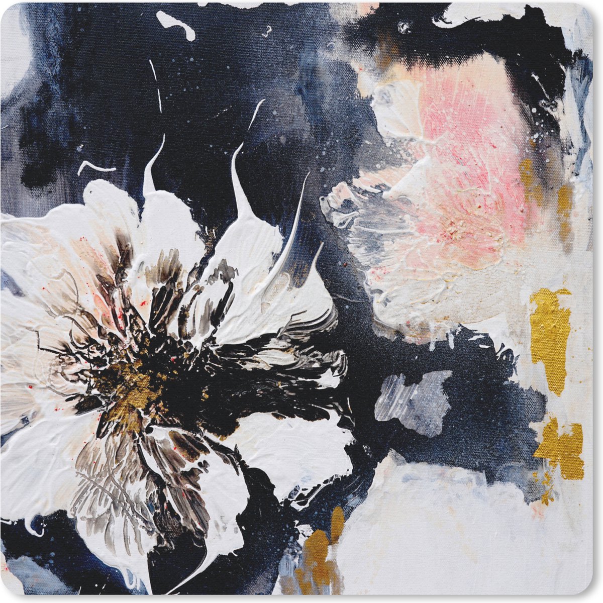 Muismat 20x20 cm - Mousepad Bloemen - Kunst - Abstract - Zwart - Verf - Muismatten