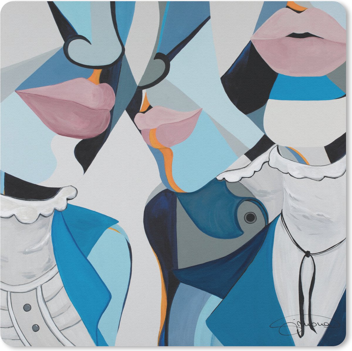Muismat 20x20 cm - Mousepad Gezichten - Blauw - Lippen - Abstract - Muismatten