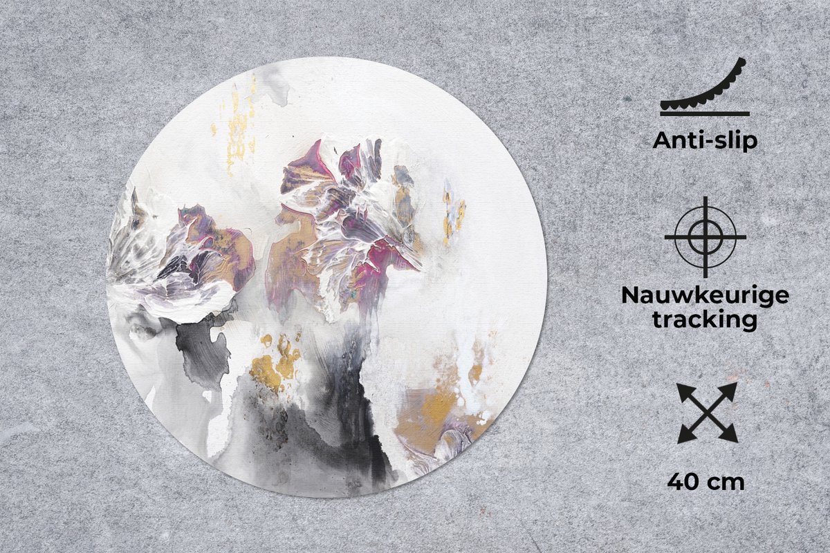 Muismat rond 40x40 cm - Mousepad Verf - Kleuren - Wit - Abstract- Goud - Ronde muismatten