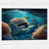 Muursticker - Cartoon van Zeeschildpad Zwemmend in Grotten op Zeebodem - 40x30 cm Foto op Muursticker