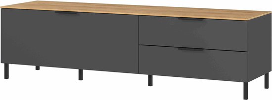 TV-meubel Amalfi Eiken Grafiet - Breedte 164 cm - Hoogte 47 cm - Diepte 47 cm - Met lades - Met openslaande deuren