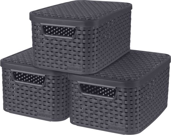 Curver 3-delige Set STYLE Box L Met Deksel Antraciet - 30 Liter Opbergboxen