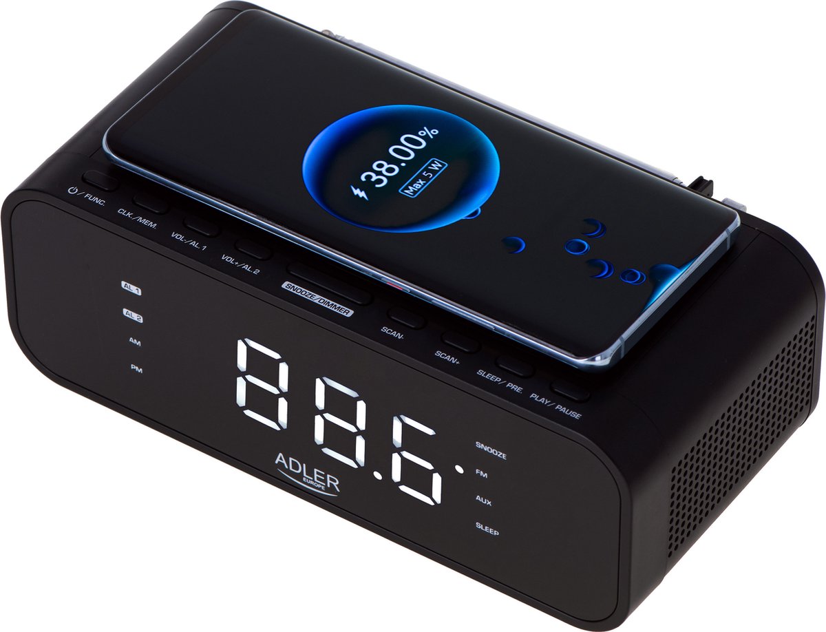Adler 1192B - Wekkerradio met draadloze oplader voor je telefoon - zwart