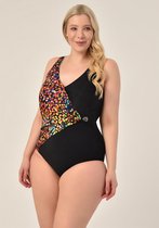 Badpak- Dames Zwempak Bikini&Badmode- Gekleurde polka dot plus size double-breasted gedetailleerde dessin 202- Zwart gekleurde stippen- Maat 48