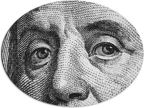 Dibond Ovaal - Close-up van Benjamin Franklin op Biljet - 68x51 cm Foto op Ovaal (Met Ophangsysteem)