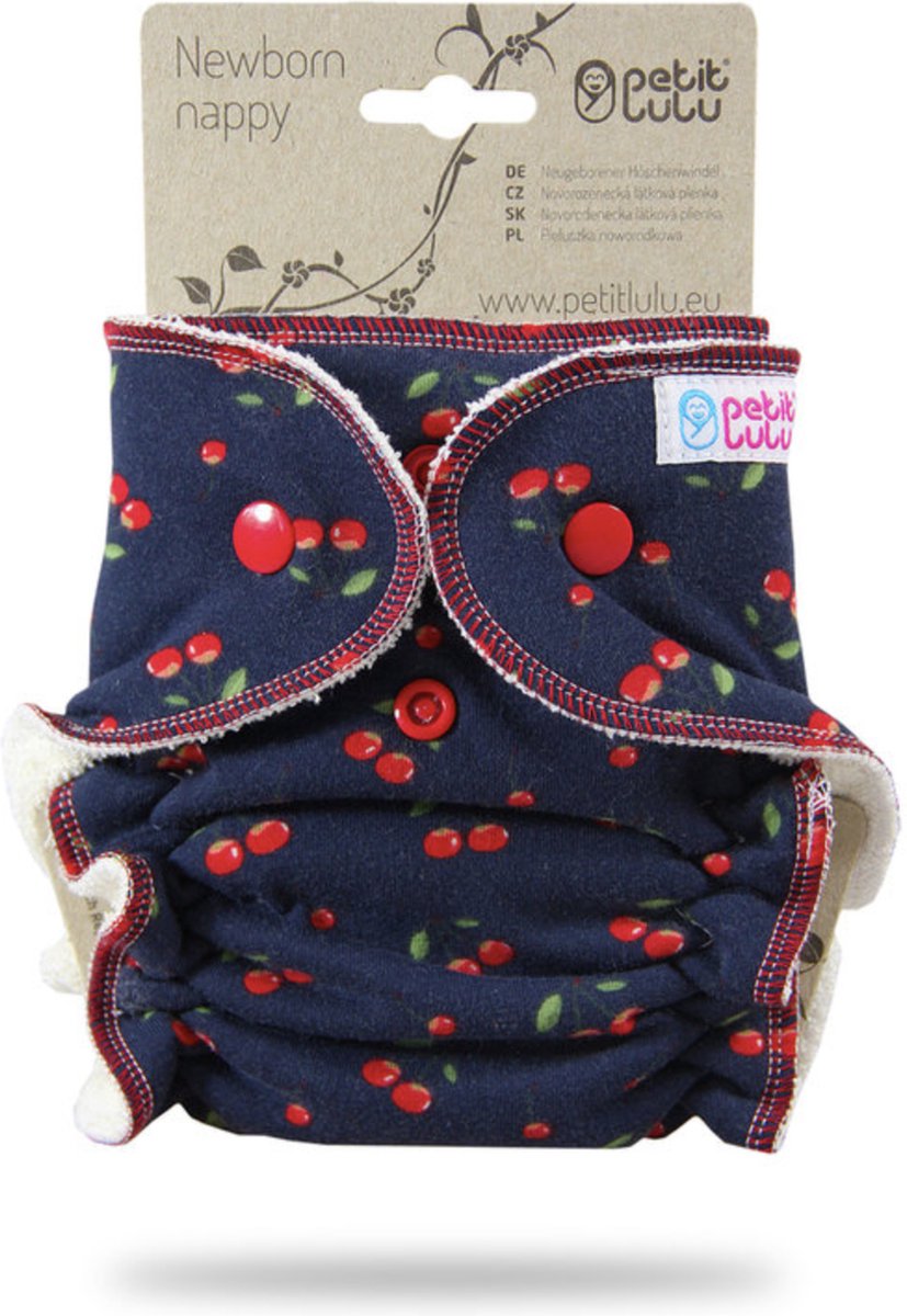 Goedkoopste Petit Lulu - Wasbare binnen luier newborn booster - 2-6 kg - donkerblauw cherries kersen kersjes - katoen binnenluier drukknoopjes