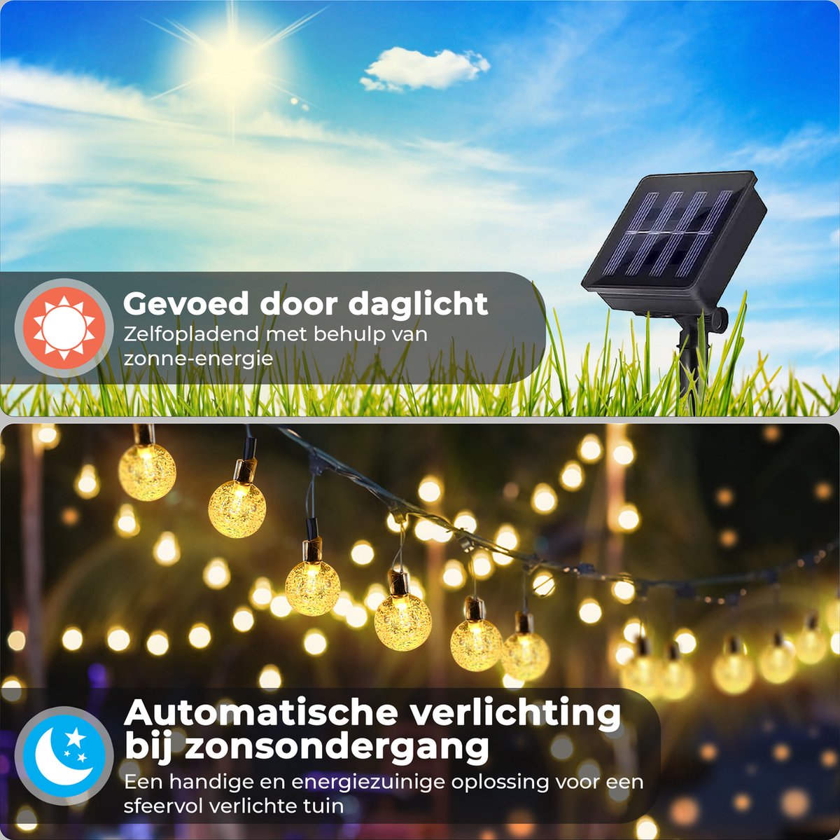 BrizLabs Lichtketting op zonne-energie, 50 leds, met kristallen ballen, warmwit, 7 m, 8 modi, IP65-waterdicht, verlichting voor tuin, bomen, terras, Kerstmis, bruiloften, feesten