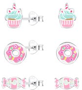 Joy|S - Zilveren oorbellen set - cupcake | donut | snoepje met hartje - 3 paar - kinderoorbellen