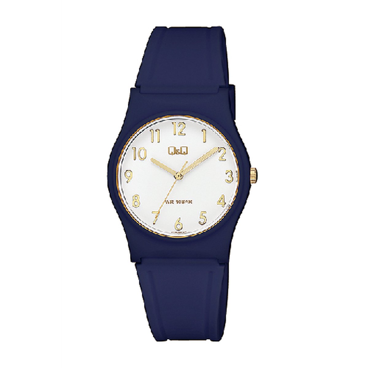 QQ V27A-005VY - Horloge - Sport - Analoog - Unisex - Plastic band - Rond - Kunststof - Cijfers - DonkerBlauw - Wit - Goudkleurig - 10 ATM