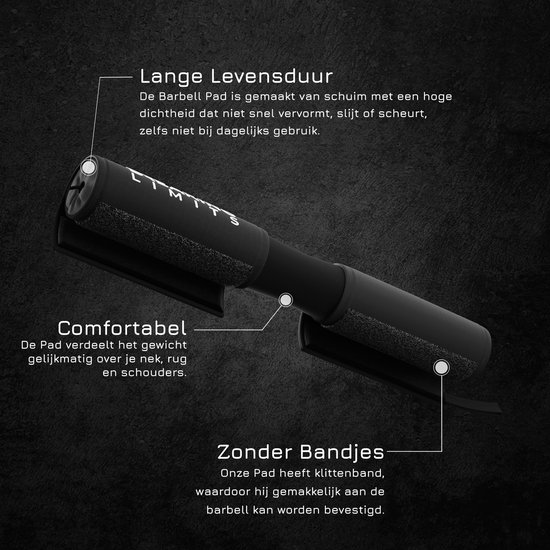 Zwarte halterstang pad met 'LIMITS' opdruk en klittenbandsluiting.