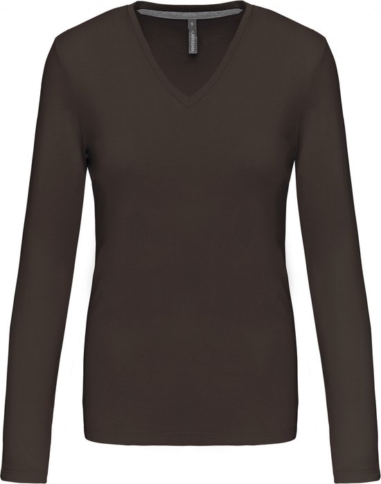 T-shirt marron foncé Kariban à col en V et manches longues.