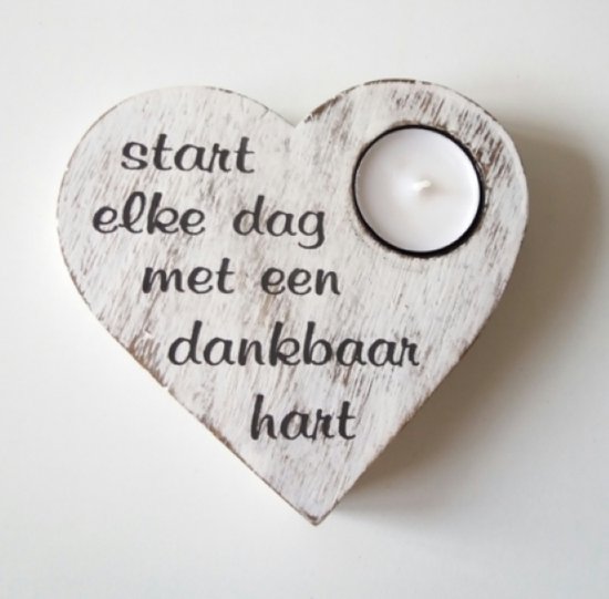 Waxinehouder hart wit - Start elke dag met een dankbaar hart - 14x14 cm