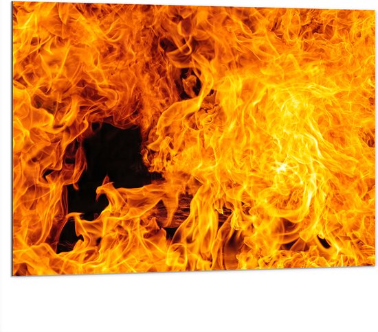 Dibond - Vuur - Brand - Geel - Oranje - 100x75 cm Foto op Aluminium (Wanddecoratie van metaal)
