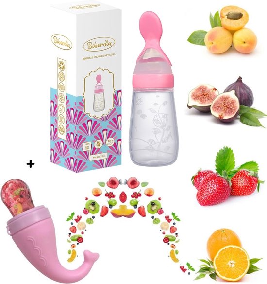 Babyflesje - Biberoia® Knijpfles met lepel + Fruitspeen – Drinkfles - Baby – Kinderbestek - Babybestek - Kraamcadeau – Babyshower