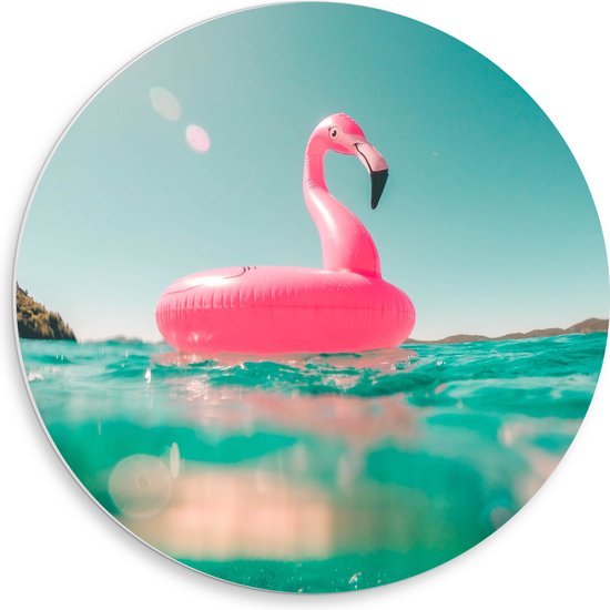 PVC Schuimplaat Muurcirkel - Water - Blauw - Flamingo - Roze - 50x50 cm Foto op Muurcirkel (met ophangsysteem)