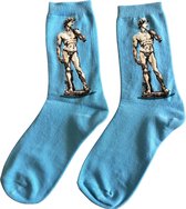 Kunstsokken 'David van Michelangelo' - Sokken dames/heren maat 38-42 - Blauw met wit standbeeld