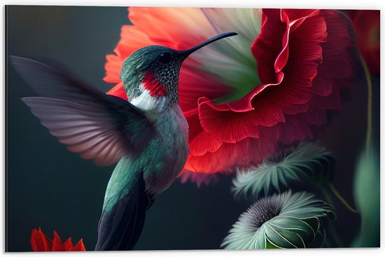 Dibond - Close-up van Kolibrie Vliegend bij Rode Bloeiende Bloemen - 60x40 cm Foto op Aluminium (Wanddecoratie van metaal)