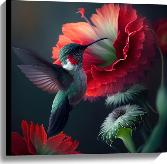 Canvas - Close-up van Kolibrie Vliegend bij Rode Bloeiende Bloemen - 60x60 cm Foto op Canvas Schilderij (Wanddecoratie op Canvas)