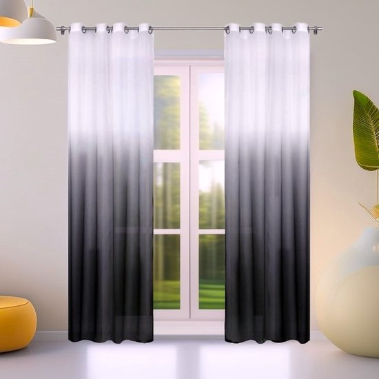 Glow Thuis - Vitrage Gordijn - Doorschijnend - voile-materiaal - wit en zwart kleur - Kant En Klaar- 145 x250 cm