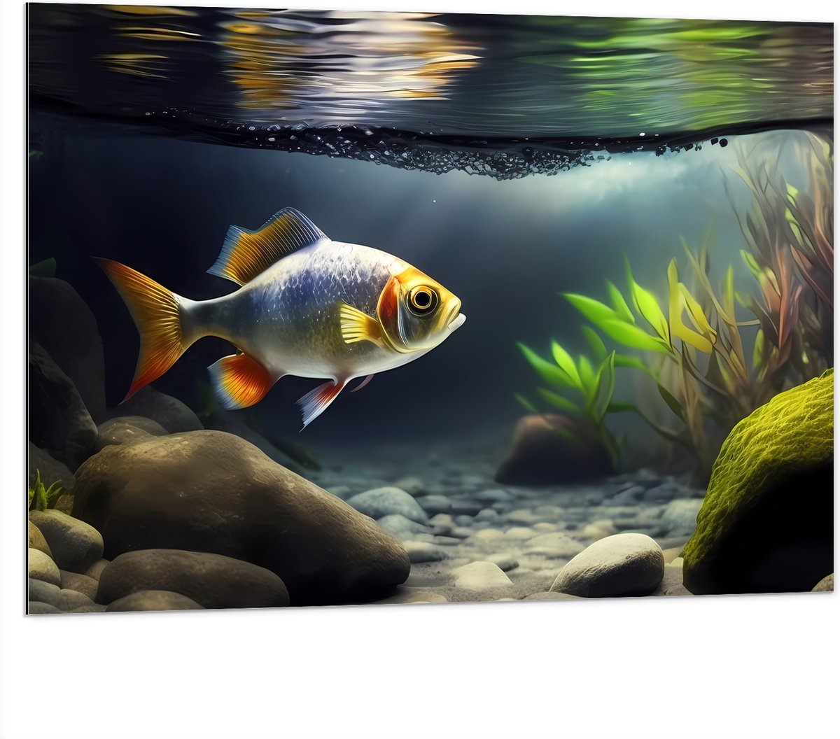 Dibond - Zilver met Oranjekleurige Vis Zwemmend in Aquarium - 100x75 cm Foto op Aluminium (Met Ophangsysteem)