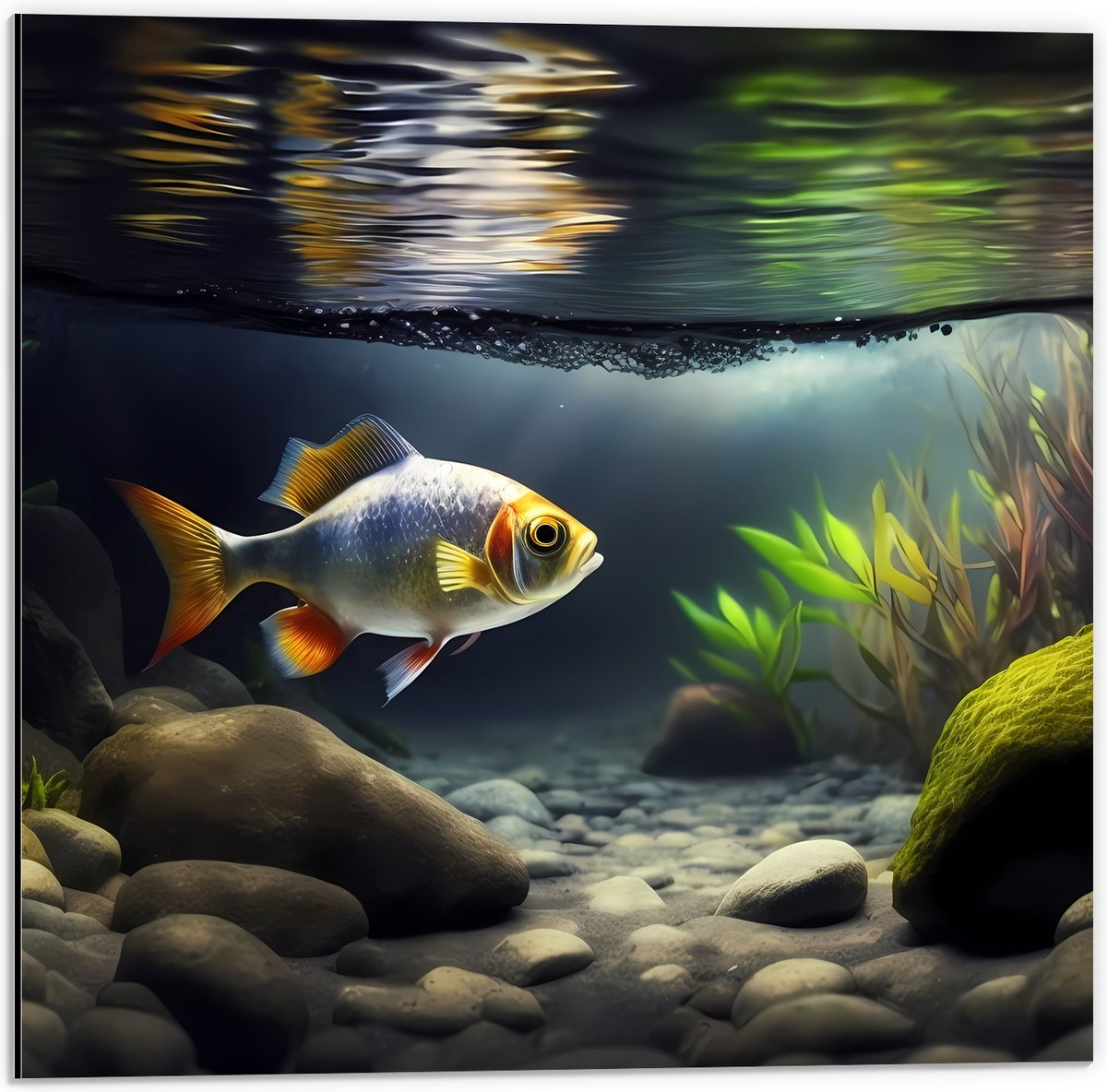 Dibond - Zilver met Oranjekleurige Vis Zwemmend in Aquarium - 50x50 cm Foto op Aluminium (Met Ophangsysteem)