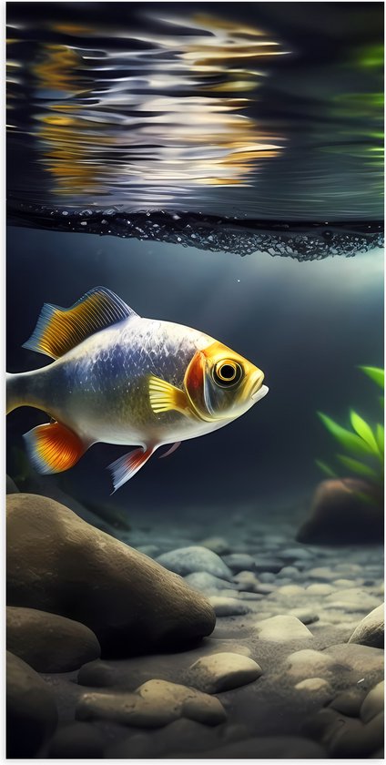 Poster (Mat) - Zilver met Oranjekleurige Vis Zwemmend in Aquarium - 50x100 cm Foto op Posterpapier met een Matte look