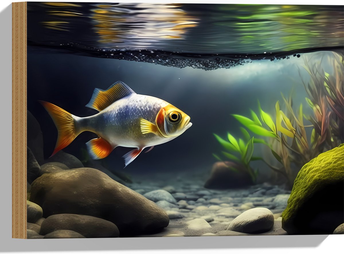Hout - Zilver met Oranjekleurige Vis Zwemmend in Aquarium - 40x30 cm - 9 mm dik - Foto op Hout (Met Ophangsysteem)