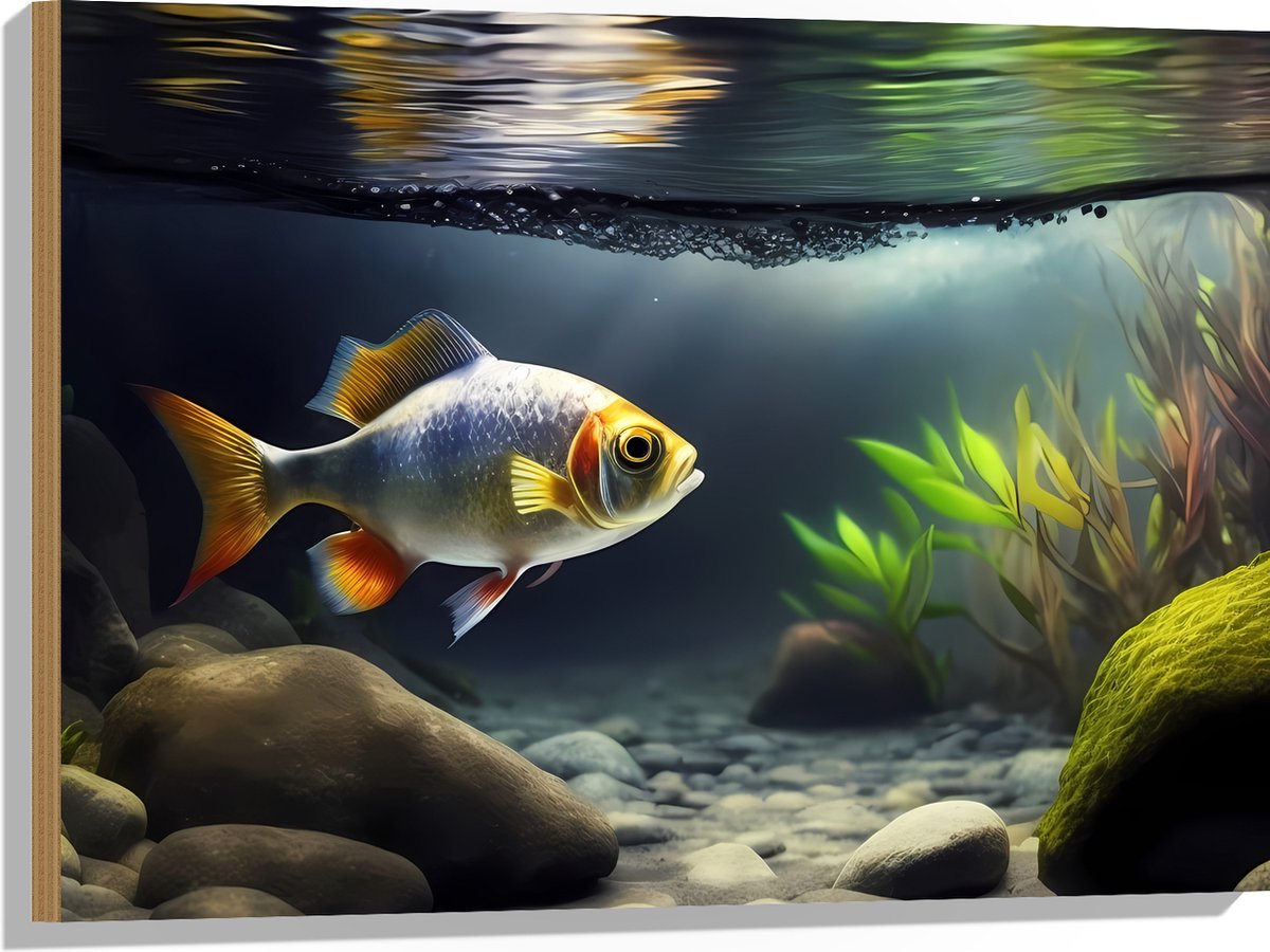 Hout - Zilver met Oranjekleurige Vis Zwemmend in Aquarium - 80x60 cm - 9 mm dik - Foto op Hout (Met Ophangsysteem)