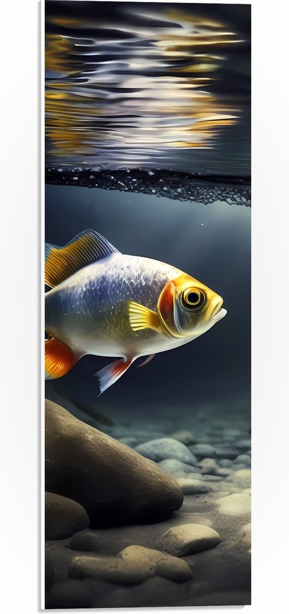 PVC Schuimplaat - Zilver met Oranjekleurige Vis Zwemmend in Aquarium - 20x60 cm Foto op PVC Schuimplaat (Met Ophangsysteem)