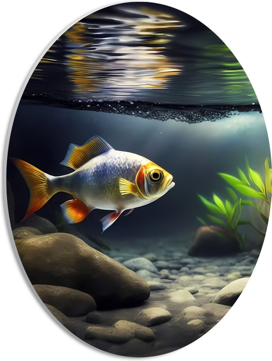 PVC Schuimplaat Ovaal - Zilver met Oranjekleurige Vis Zwemmend in Aquarium - 30x40 cm Foto op Ovaal (Met Ophangsysteem)