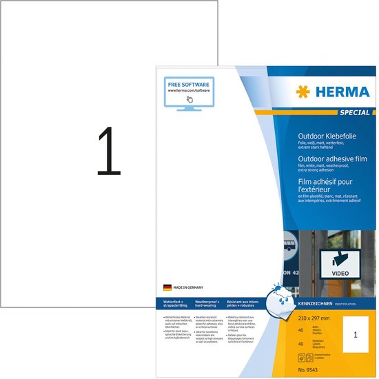 Herma 9543 Etiketten (A4) 210 x 297 mm Polyethyleen folie Wit 40 stuk(s) Extra sterk hechtend Folie-etiketten - Herma