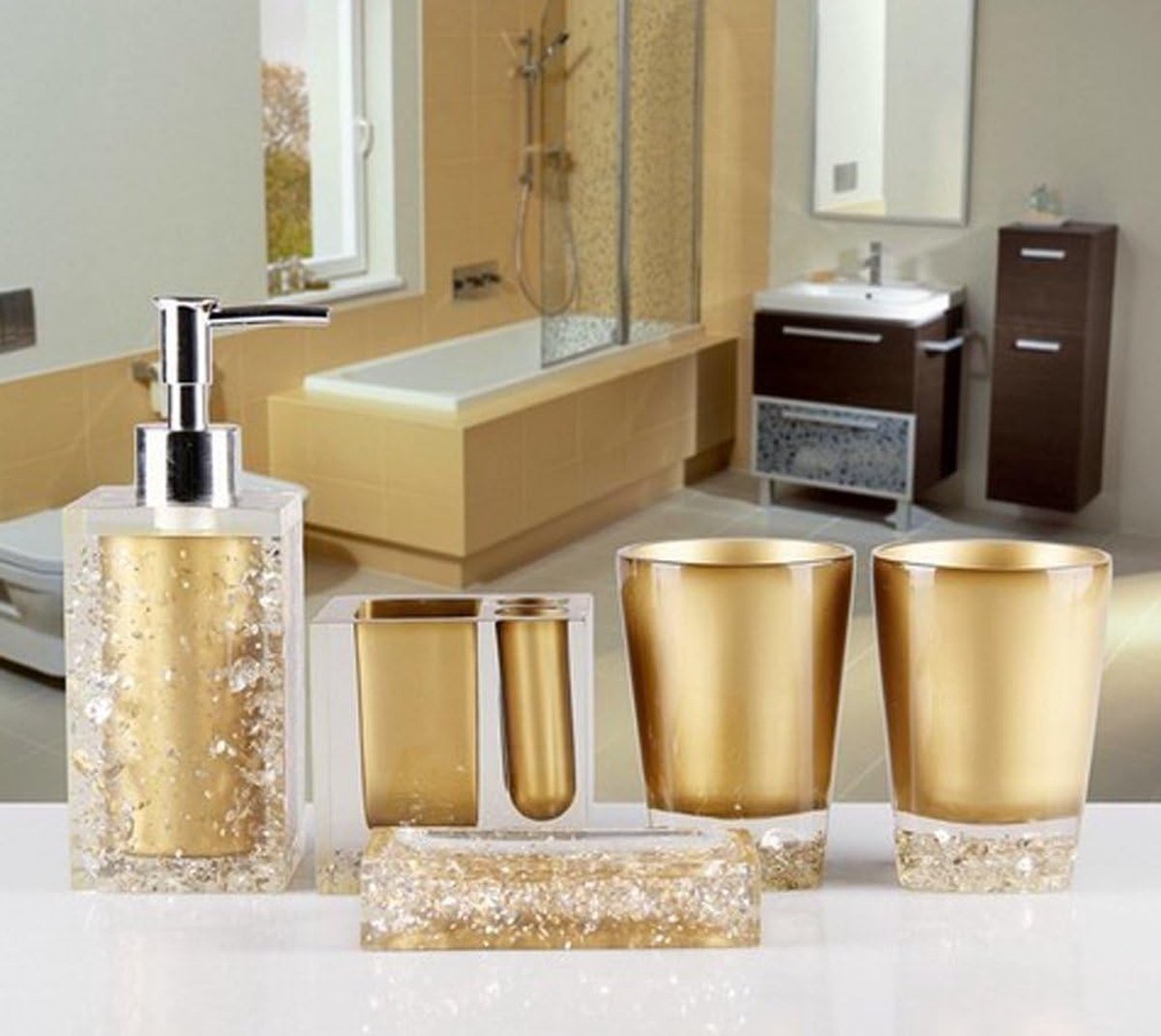 Luxury Acryl WC Bad Set Badset Set / 5-delig/ Zeepdispenser / Tandenborstelhouder / Tandenborstelbeker, Goud