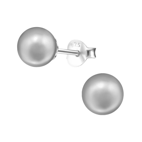 Joy|S - Zilveren parel oorbellen - 6 mm - grijs