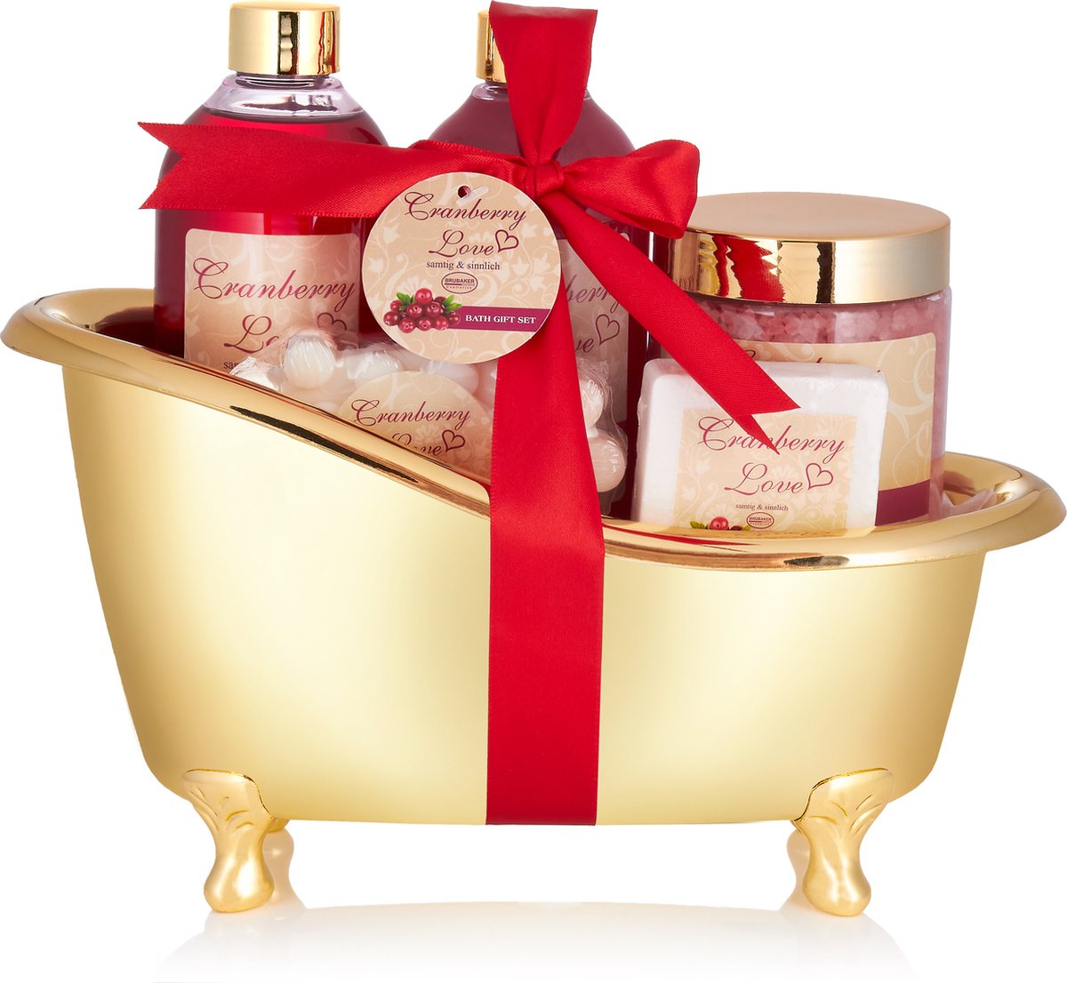 Goedkoopste BRUBAKER Cosmetics bad en douche set Cranberry Love - 6-delige cadeauset in gouden decoratieve kuip