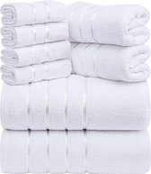 Set van 8 katoenen handdoeken met viscosestrepen en hanger, 2 badhanddoeken, 2 handdoeken, 4 washandjes (wit)