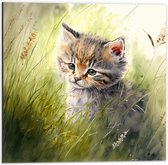 Dibond - Tekening van Bruinharige Kitten tussen de Hoge Grassprieten - 50x50 cm Foto op Aluminium (Met Ophangsysteem)