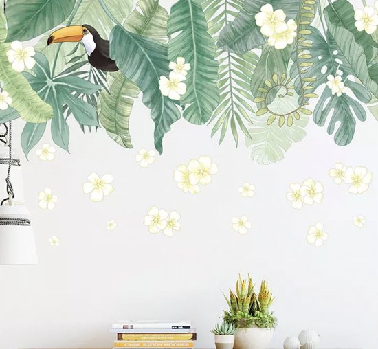 Stickerkamer® Hawaii Tropische decoratieve groene jungle palmbladen met toekan en bloemen muursticker | Planten Bladeren | muurdecoratie| woonkamer | slaapkamer | huis inrichting stickers