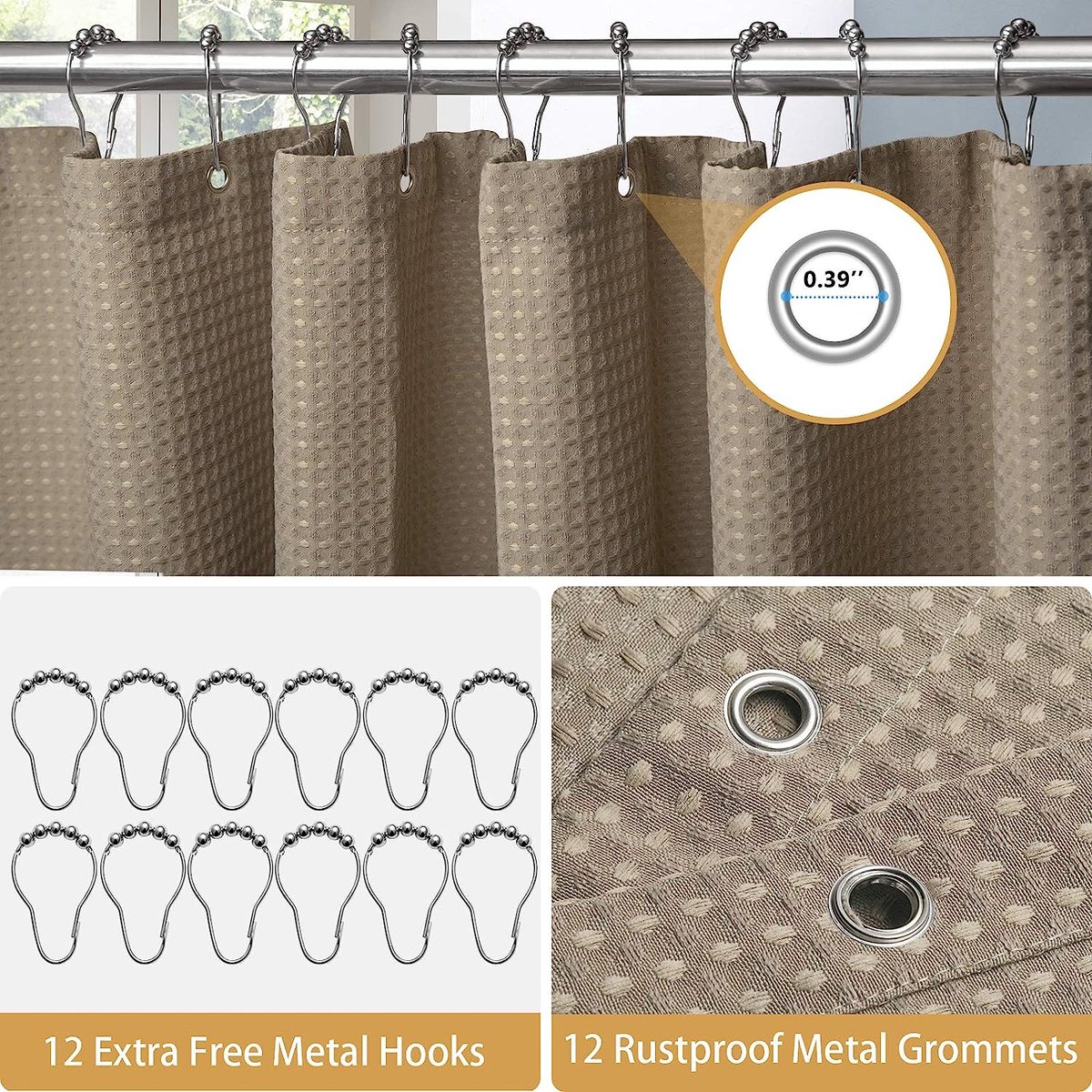 Wafel Douchegordijn met Metalen Douchegordijn Ringen Stof Textiel