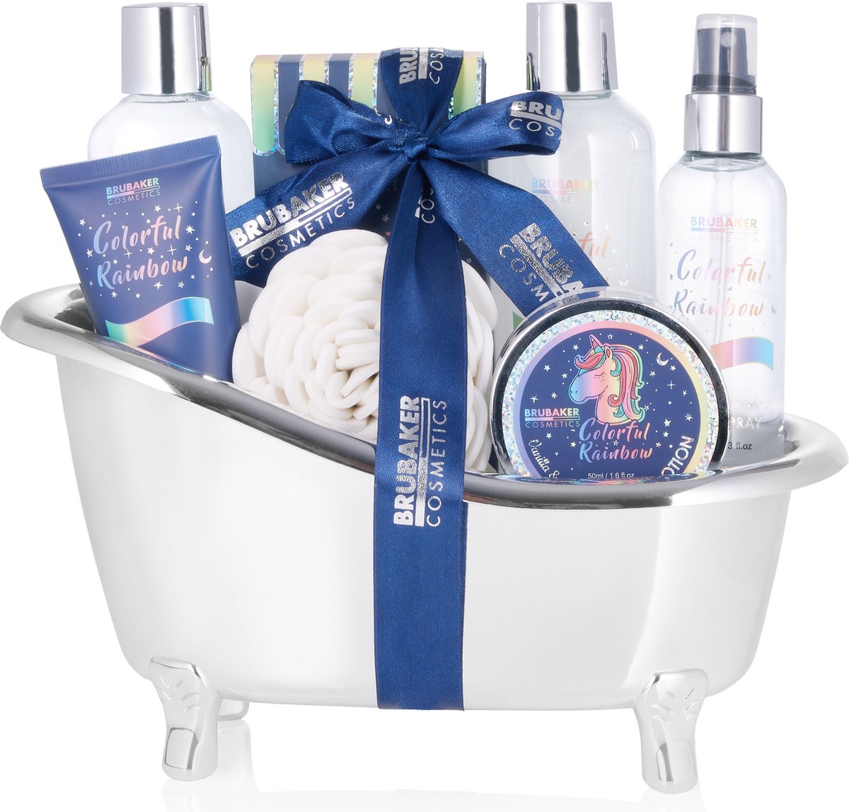 Goedkoopste BRUBAKER Cosmetics - Cadeautip Vrouw - Cadeau Idee -8-Delige Eenhoornschoonheidsset Kleurrijke Regenboog met Vanille Lavendelgeur in Zilveren Kuipje