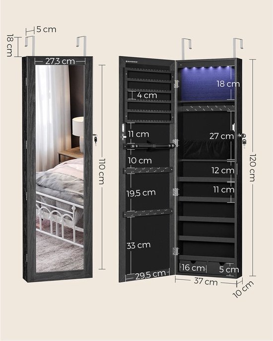 Ezigoo Jewellery Cabinet Wall Mounted - Door Hanging Jewelry Cabinet Door Mount - White Jewelry Cabinet with Mirror on the Door & Internal Storage (06