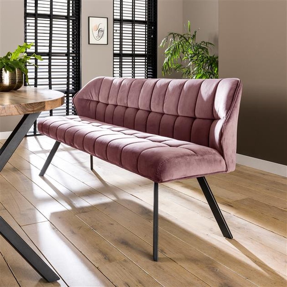 Dimehouse Eetkamerbank Lino Velvet Stof Roze 180 cm Geblokt - Velours roze - Design - 180 x 59 x 84 cm
