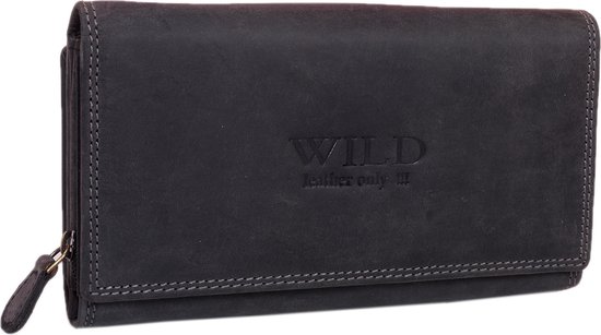 Wild Leather Only !!! Portemonnee Dames Hunter Leer Zwart - ( WDST-14093-6) -17.5X3X9.5cm -