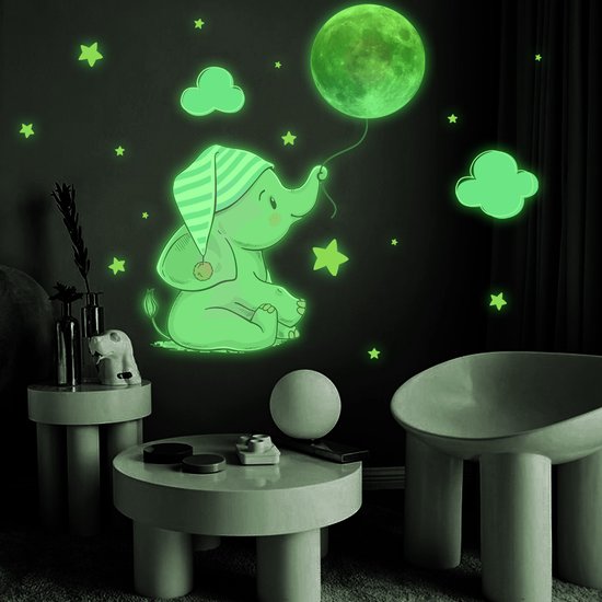 Stickerkamer® Glow in the dark muursticker olifant, sterren en maan kinderkamer | wanddecoratie| kinderen | sterren maan | olifantje