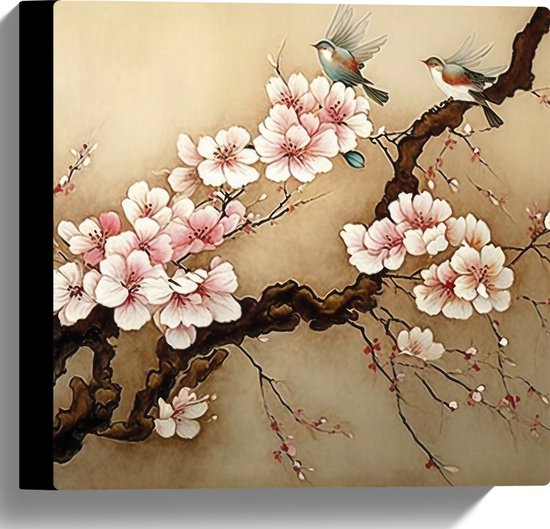 Canvas - Tekening van Tak met Vogeltjes en Roze Bloemen - 30x30 cm Foto op Canvas Schilderij (Wanddecoratie op Canvas)