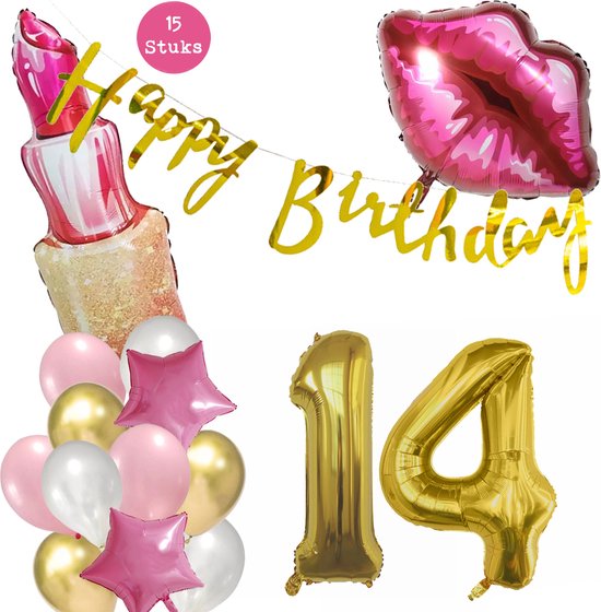 Snoes Beauty Helium Ballonnen Set 14 Jaar - Roze Folieballonnen - Slinger Happy Birthday Goud