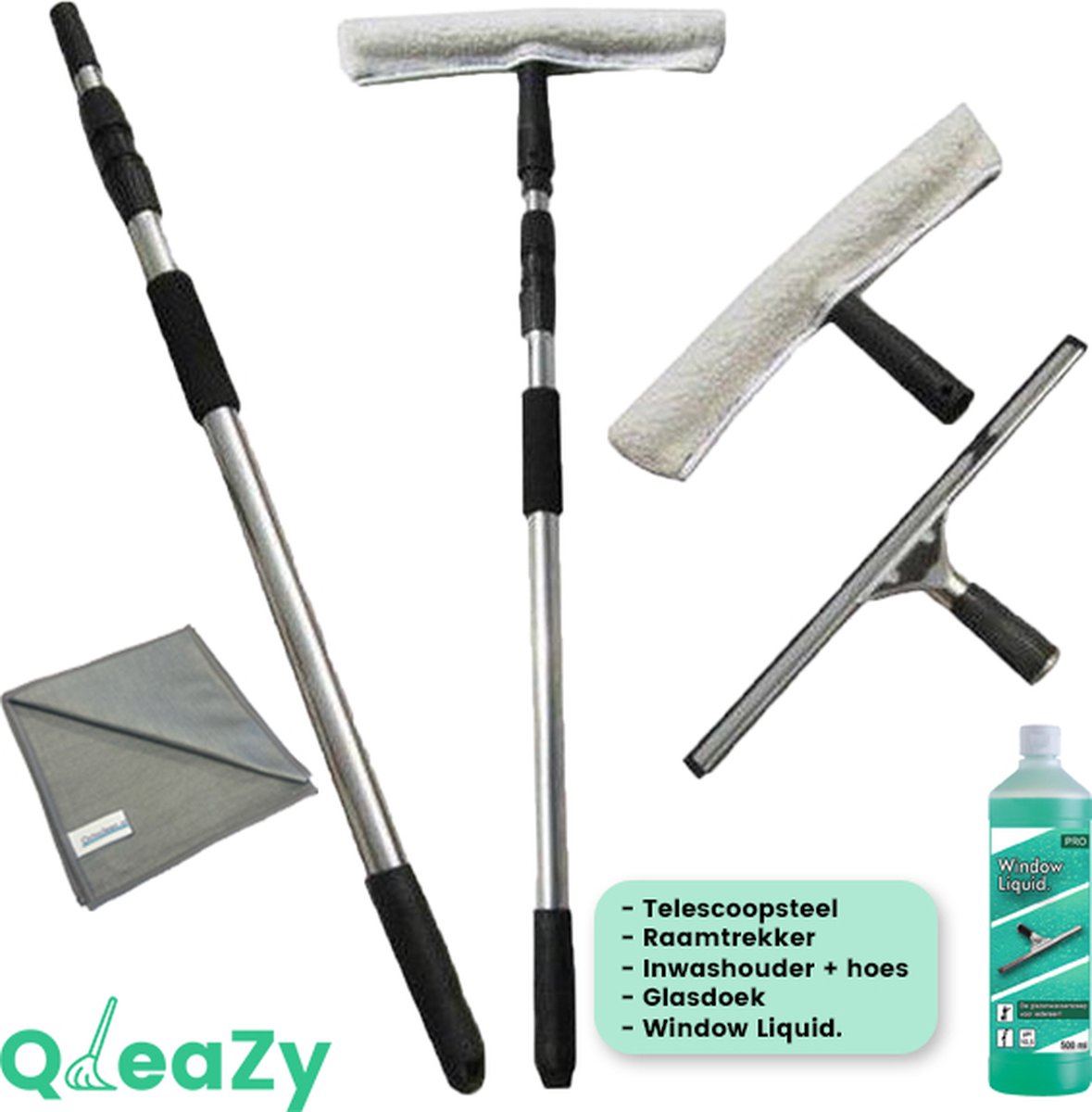 Goedkoopste Zeemset Professionele rvs Raamwisser Inwasser en Telescoopsteel ramenwassen 3 meter Vensterwisser | GRATIS Window Liquid.