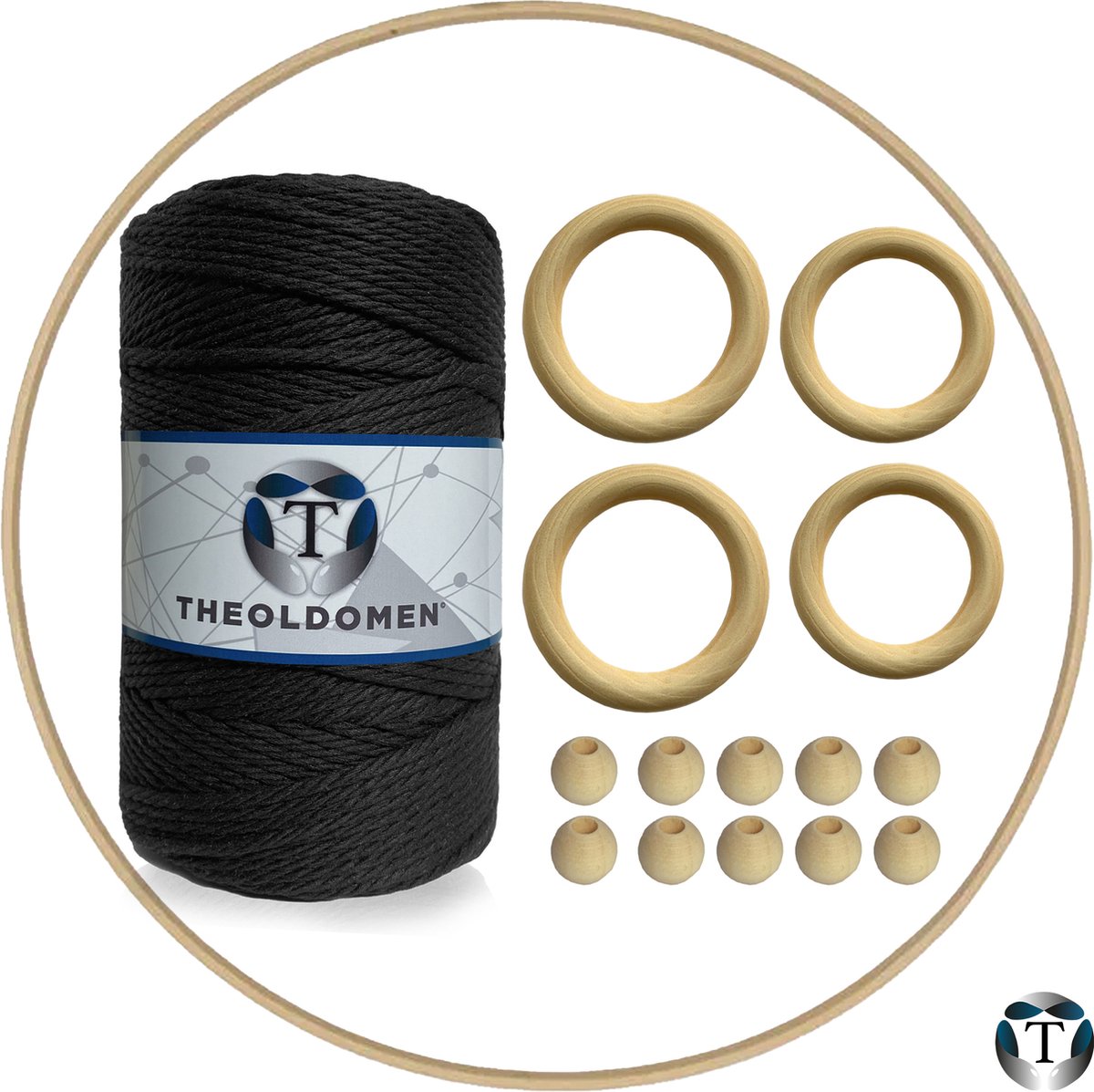 Macramé Pakket | 200 METER | Zwart | Starter Set | Ringen | Kralen | Hout | Macramé Touw | 3mm | 100% Katoen | Macramé | Decoratie | DIY | Doe Het Zelf | Wandkleed | Dromenvanger | Plantenhanger | Tassen | TheOldOmen |