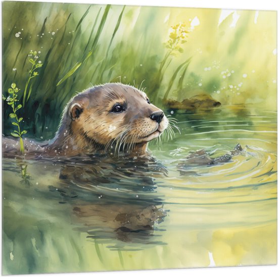 Vlag - Tekening van Zwemmende Otter in de Rivier - 100x100 cm Foto op Polyester Vlag