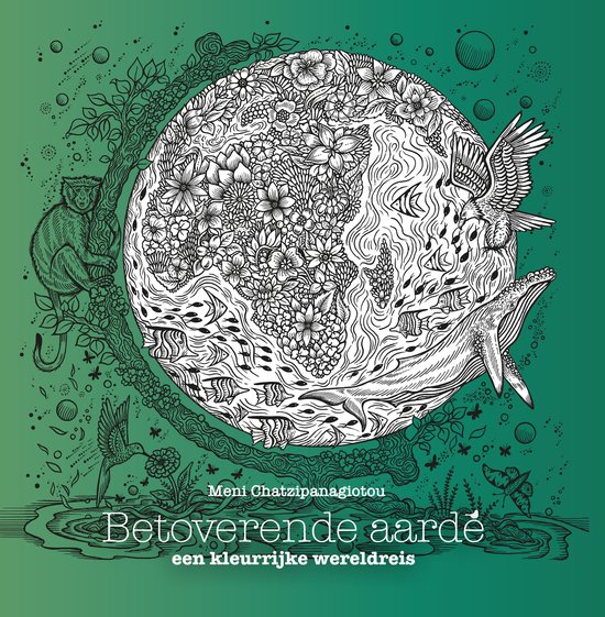 Een aarde-illustratie in zwart-wit, versierd met bloemen, dieren en de tekst "Betoverende aarde".