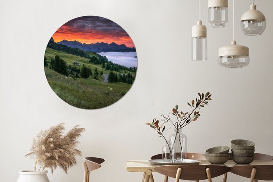 WallCircle - Stickers muraux - Cercle Papier Peint - Herbe - Montagnes - Soir - 100x100 cm - Cercle Mural - Auto Adhésif - Sticker Papier Peint Rond XXL